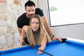 Petite chick Lilly Ford gets banged over a pool table in argyle socks