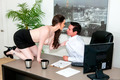 Skirt wearing secretary Tessa Lane gets on desk to seduce her boss