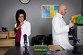 Horny female Dr. Eva Angelina seduces a fellow doctor in the lab