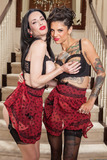 Dark haired females Bonnie Rotten & Veronica Avluv hump in hosiery on stairs